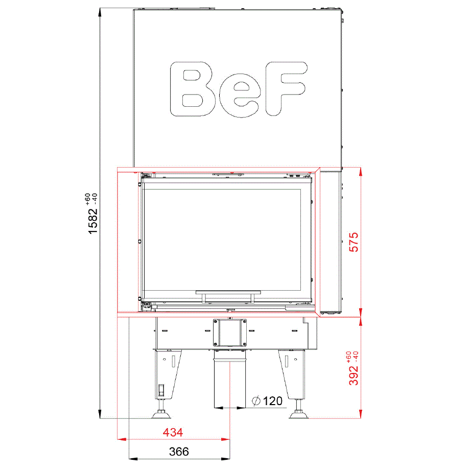 BeF Kamineinsatz Feel V 8 CL | 8 kW | Hebetür, Eckscheibe links | Maße | Klimaworld.com