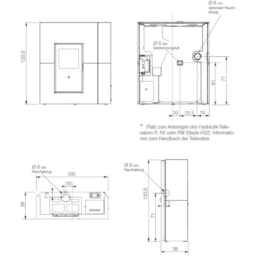 Edilkamin Pelletofen wasserführend Blade H eKleaner  Maße