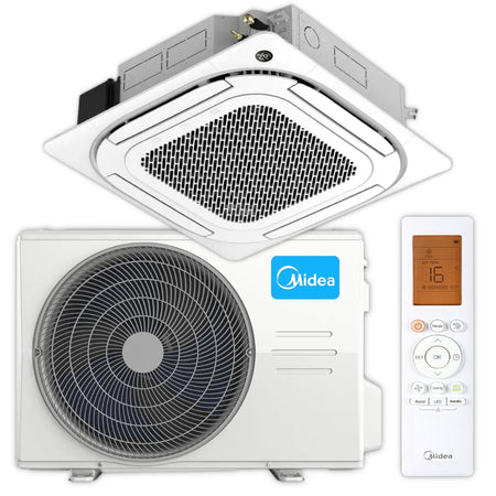 Midea 4-Wege Deckenkassetten MD-MCD2-24HRFNX(GA) mit Aussengeraet und weisser Fernbedienung im Set gezeigt | Klimaworld.com
