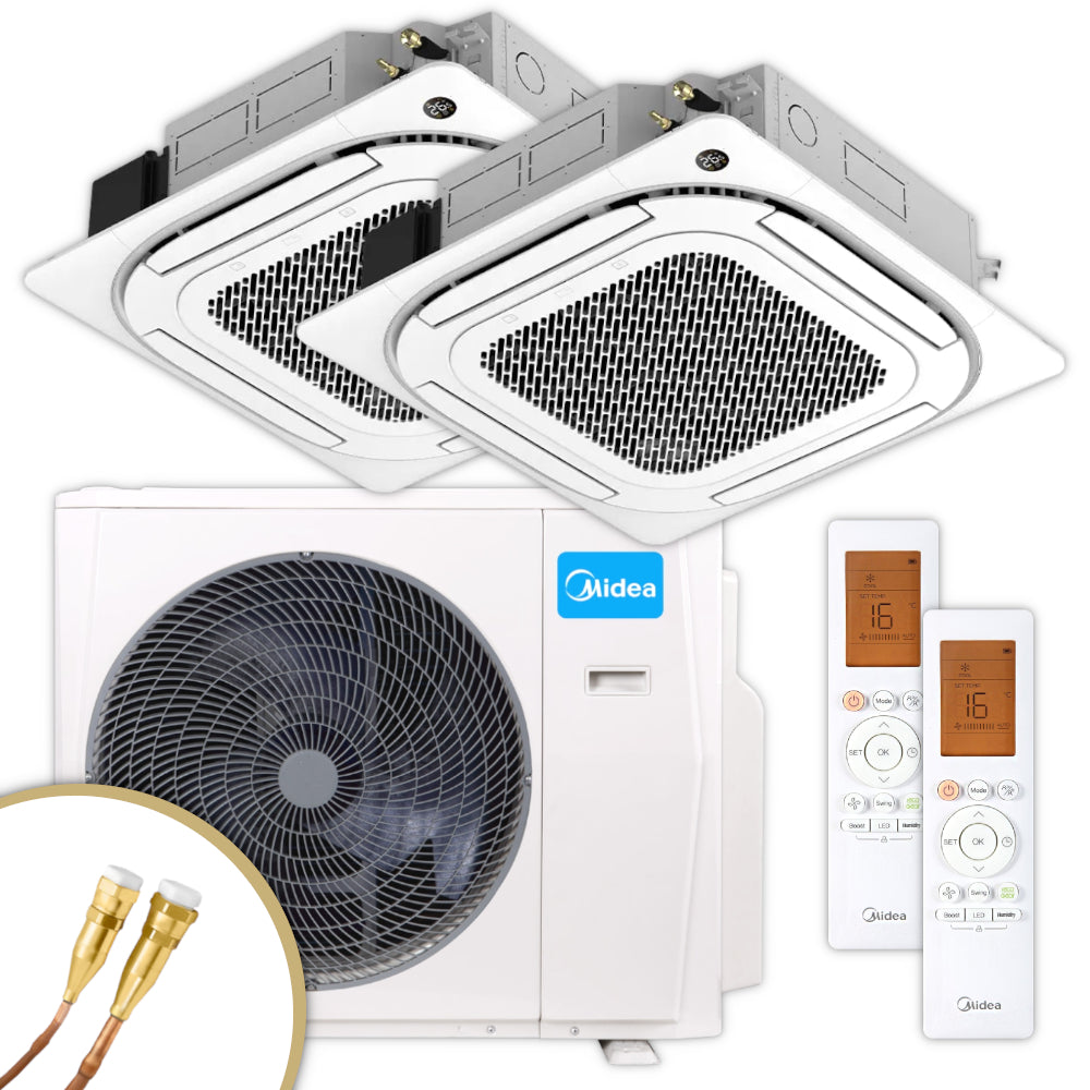 Multisplit-Set: zwei Midea Kassettengeraet MCA4U-12HRFNX(GA) mit weisser Frontblende, passender Fernbedienungen, Quick-Connect Leitungen, Aussengeraet | Klimaworld.com