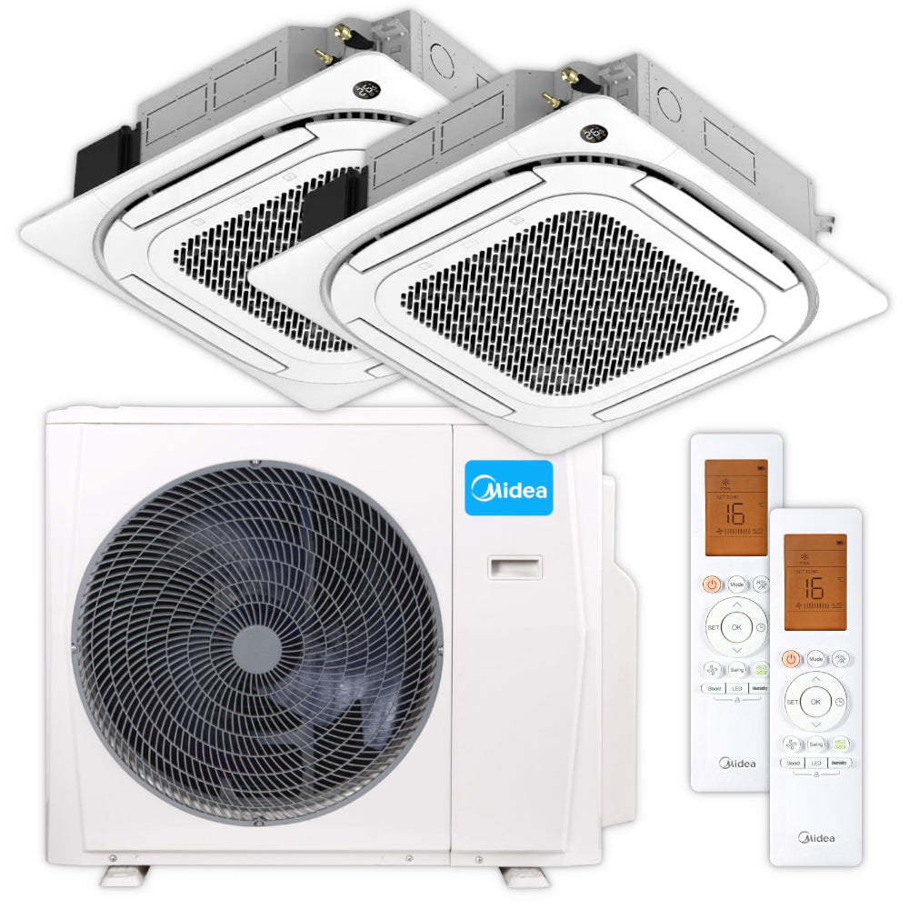 Multisplit-Set: zwei Midea Kassettengeraet MCA4U-09HRFNX(GA) mit weisser Frontblende, passender Fernbedienungen und Aussengeraet | Klimaworld.com