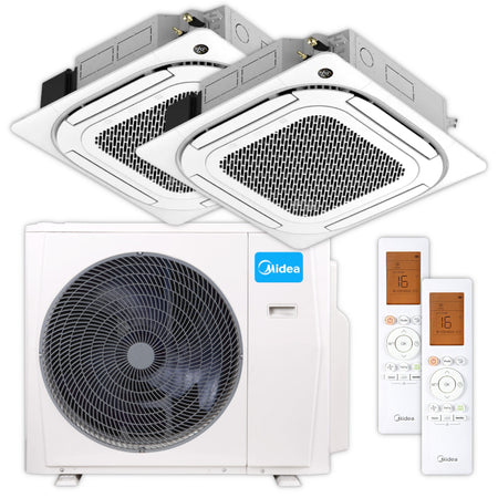 Multisplit-Set: zwei Midea Kassettengeraet MCA4U-HRFNX(GA) mit weisser Frontblende, passender Fernbedienungen und Aussengeraet | Klimaworld.com