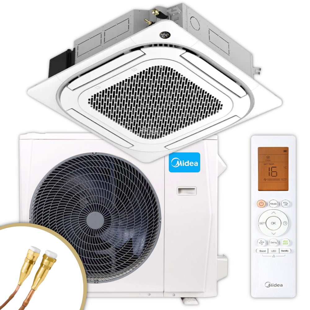 Midea 4-Wege Deckenkassetten MD MCD2-36HRFN8(GA) mit Aussengeraet und weisser Fernbedienung im Set gezeigt | Klimaworld.com