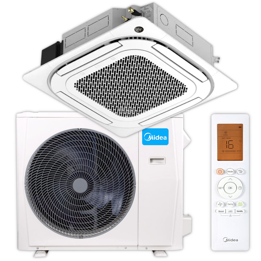 Midea 4-Wege Deckenkassetten MD MCD2-36HRFN8(GA) mit Aussengeraet und weisser Fernbedienung im Set gezeigt | Klimaworld.com