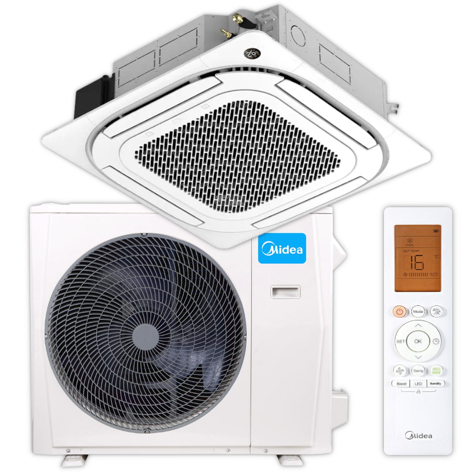Midea 4-Wege Deckenkassetten MD MCD2-36HRFN8(GA) mit Aussengeraet und weisser Fernbedienung im Set gezeigt | Klimaworld.com
