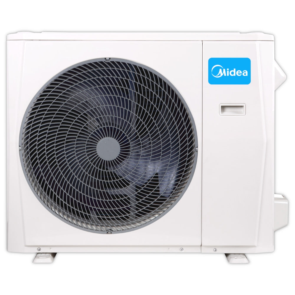 Weisses Aussengeraet Midea MOD30-36HFN8-ME mit grossem runden Luefter und blauem Midea Markenlogo rechts oben | Klimaworld.com