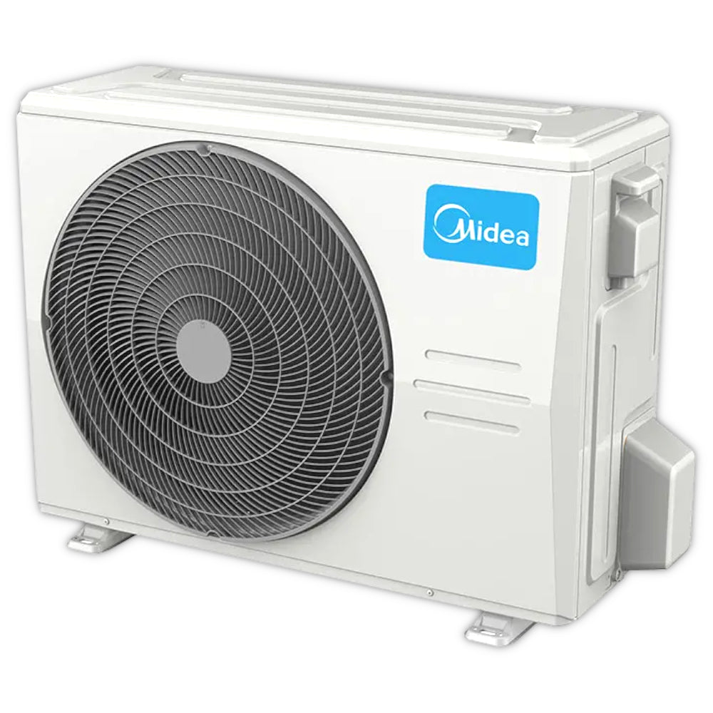 Midea Aussengeraet MOD30-36HFN8-ME in Weiss mit grossem Luefterrad, seitlicher Abdeckung und blauem Markenlogo | Klimaworld.com