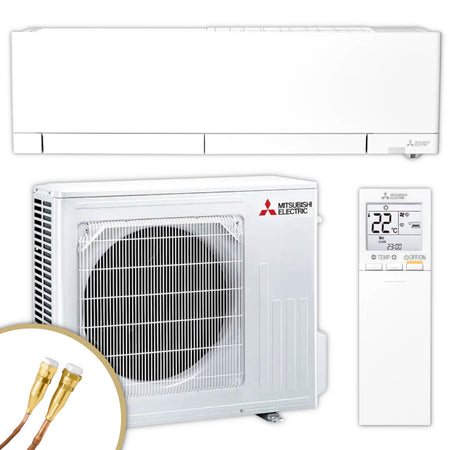 Mitsubishi Hyper-Heating-Wandgeraet MSZ-RZ Set mit weissem Innengeraet, Aussengeraet und Fernbedienung mit Quick-Connect Leitungen | Klimaworld.com