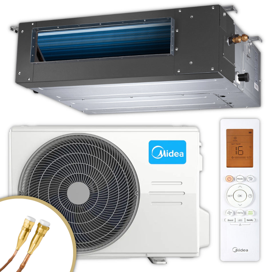 Midea Kanalklimageraet MTJ-12HWFNX(GA) im Set mit silbernem Innengeraet, weissem Aussengeraet, Quick-Connect Anschluessen, Infrarotfernbedienung | Klimaworld.com
