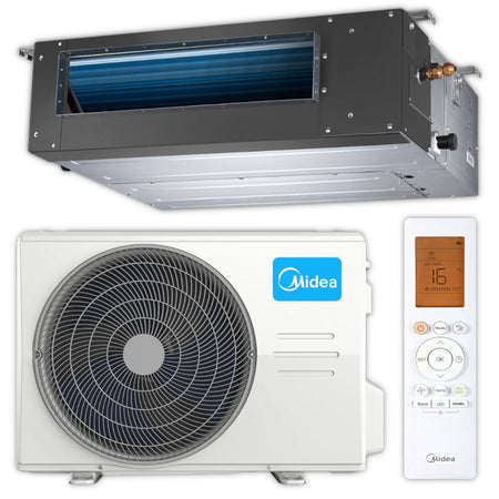 Midea Kanalklimageraet MTJ-12HWFNX(GA) im Set mit silbernem Innengeraet, weissem Aussengeraet und Infrarotfernbedienung | Klimaworld.com