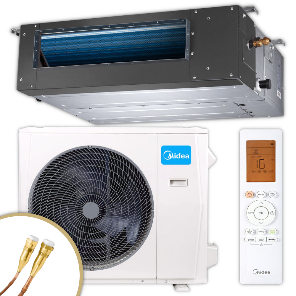 Midea Kanalklimageraet MTJ-36HWFNX(GA) im Set mit silbernem Innengeraet, weissem Aussengeraet, Quick-Connect Anschluesse, Infrarotfernbedienung | Klimaworld.com