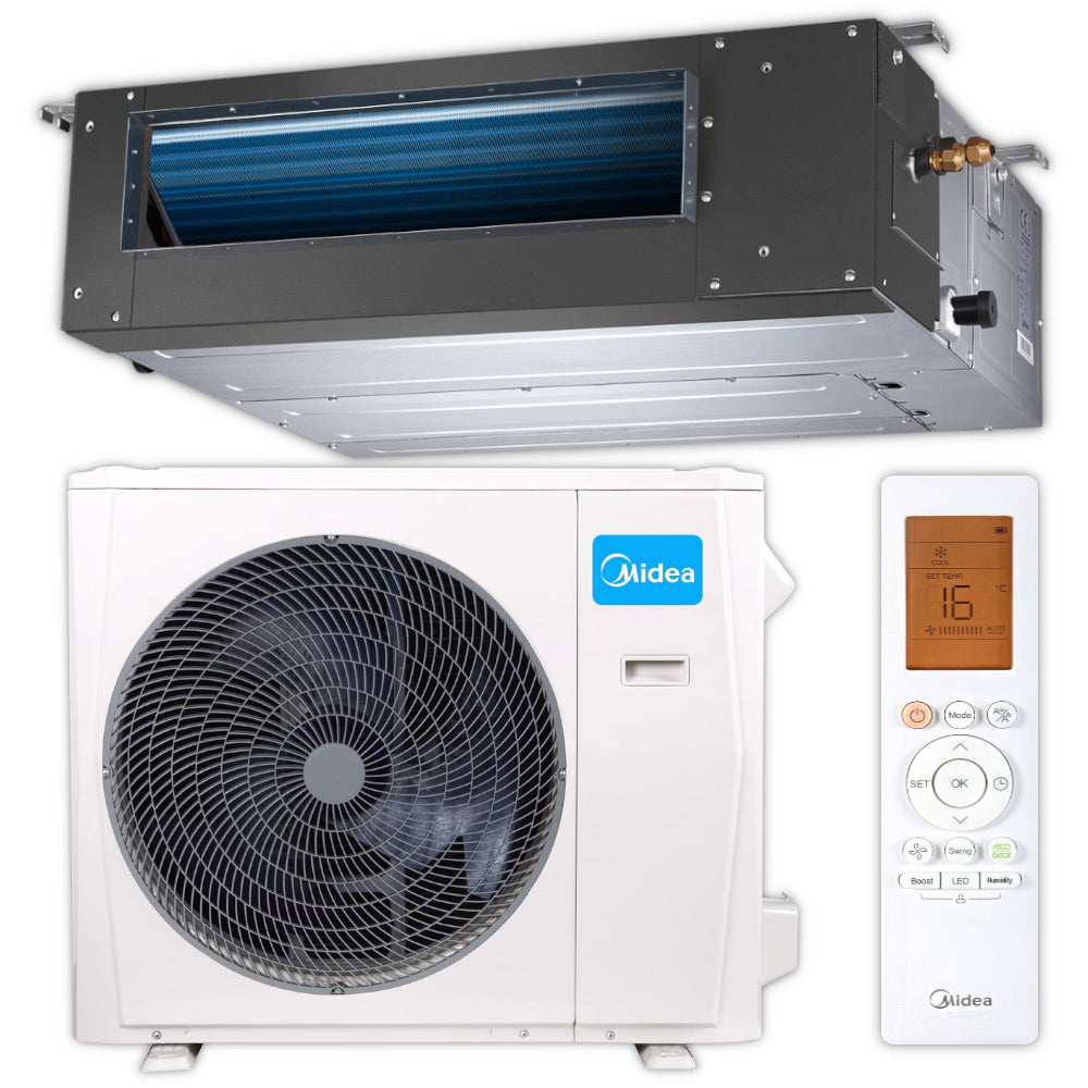 Midea Kanalklimageraet MTJ-36HWFNX(GA) im Set mit silbernem Innengeraet, weissem Aussengeraet, und Infrarotfernbedienung | Klimaworld.com