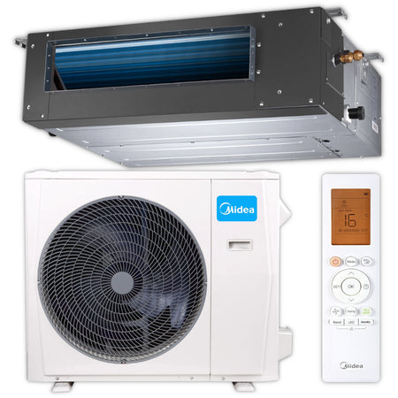Midea Kanalklimageraet MTJ-36HWFNX(GA) im Set mit silbernem Innengeraet, weissem Aussengeraet, und Infrarotfernbedienung | Klimaworld.com