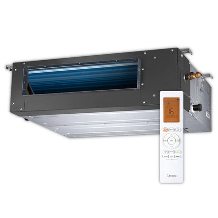 Midea Kanalklimageraet MTJ-24HWFNX(GA) mit silbernem Gehaeuse, blauem Lamellenfilter und weisser Fernbedienung mit beleuchtetem Display | Klimaworld.com