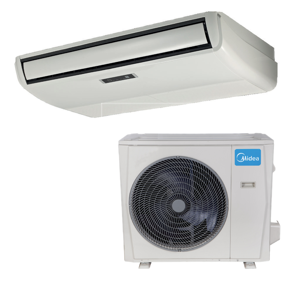 Abgebildet sind Midea Monosplit-Klimaanlage Truhengerät | MUE-55 mit Außengerät MOUE-105T