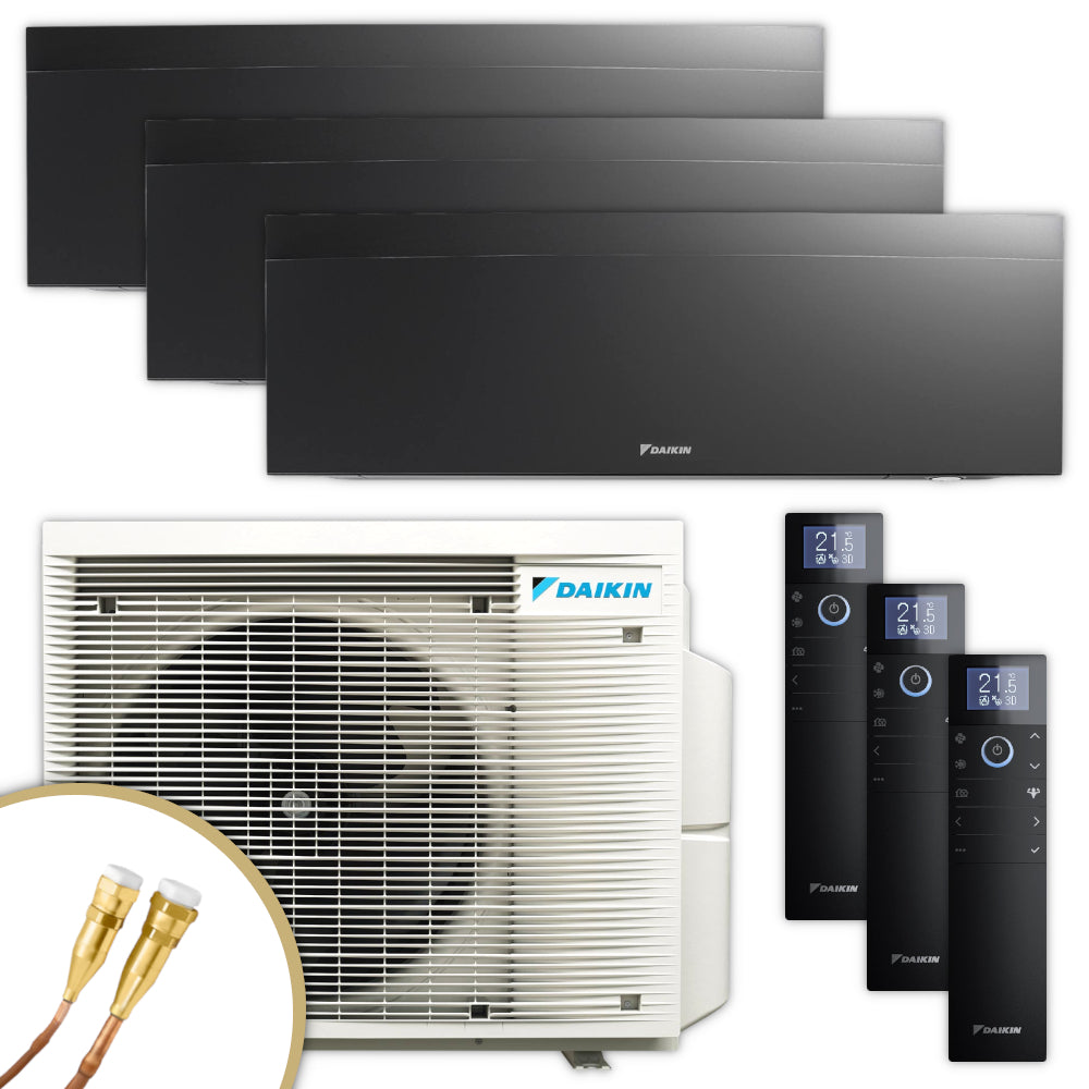 Daikin Emura Klimaanlagen Set mit drei mattschwarzen Wandgeraeten, Aussengeraet mit Ventilatorgitter und Fernbedienungen | Klimaworld.com
