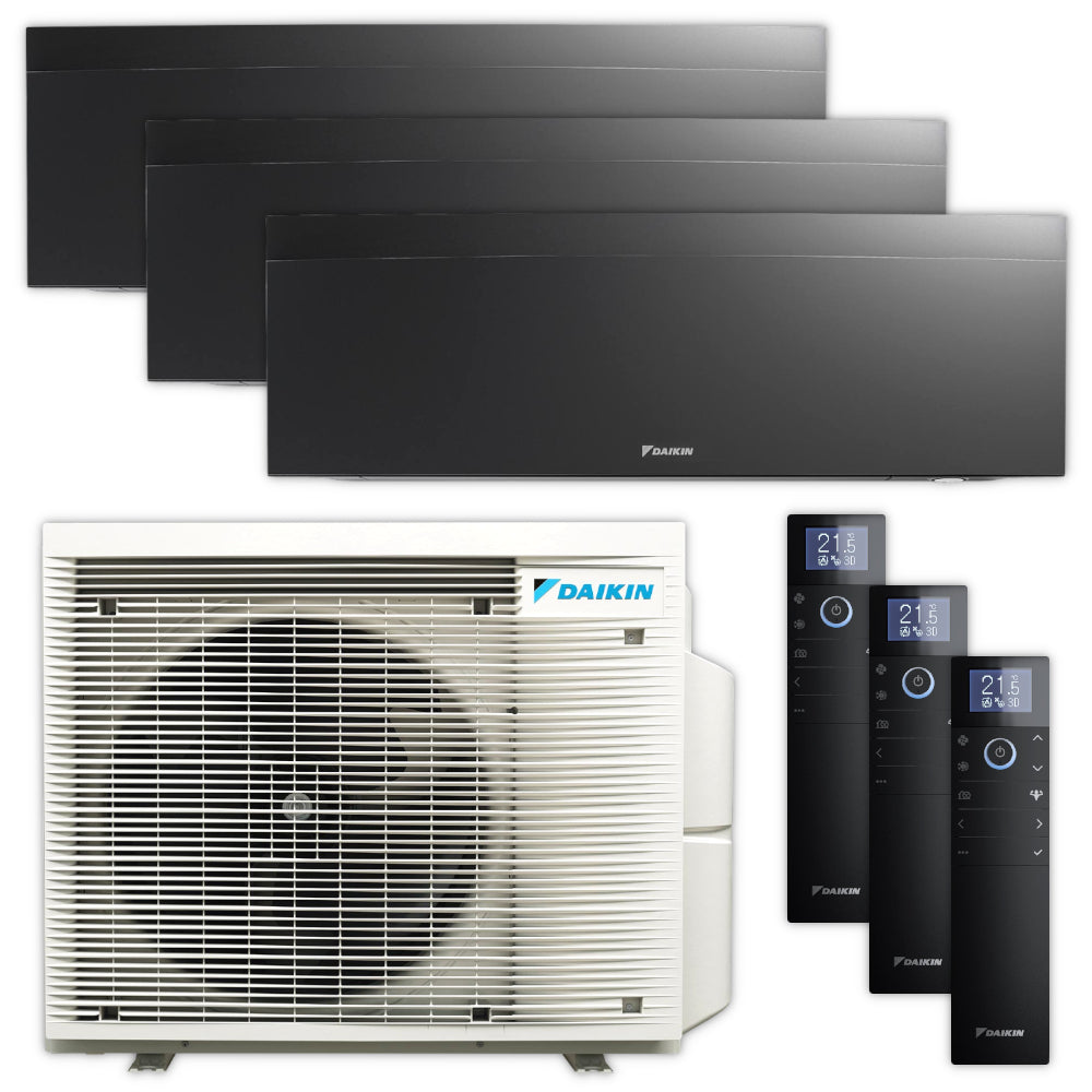 Daikin Emura Klimaanlagen Set mit drei mattschwarzen Wandgeraeten, Aussengeraet mit Ventilatorgitter und Fernbedienungen | Klimaworld.com