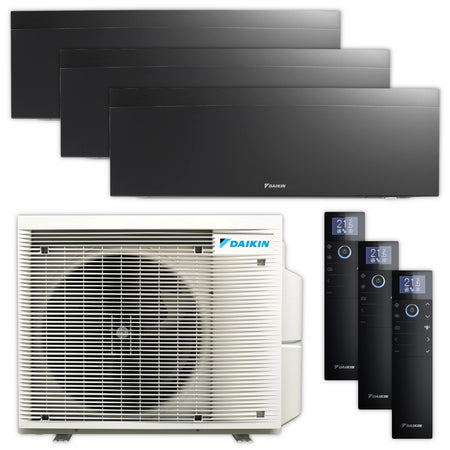Daikin Emura Klimaanlagen Set mit drei mattschwarzen Wandgeraeten, Aussengeraet mit Ventilatorgitter und Fernbedienungen | Klimaworld.com