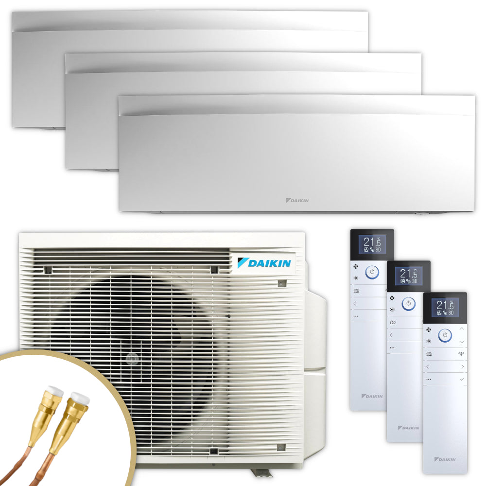 Daikin Emura Klimaanlagen Set mit drei weissen Wandgeraeten, Aussengeraet mit Ventilatorgitter, Fernbedienungen, Quick-Connect Anschluesse | Klimaworld.com