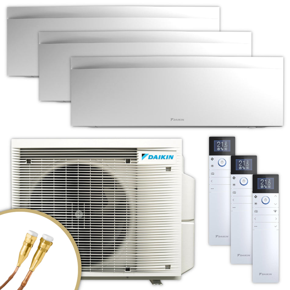 Daikin Emura Klimaanlagen Set mit drei weissen Wandgeraeten, Aussengeraet mit Ventilatorgitter, Fernbedienungen, Quick-Connect Anschluesse | Klimaworld.com
