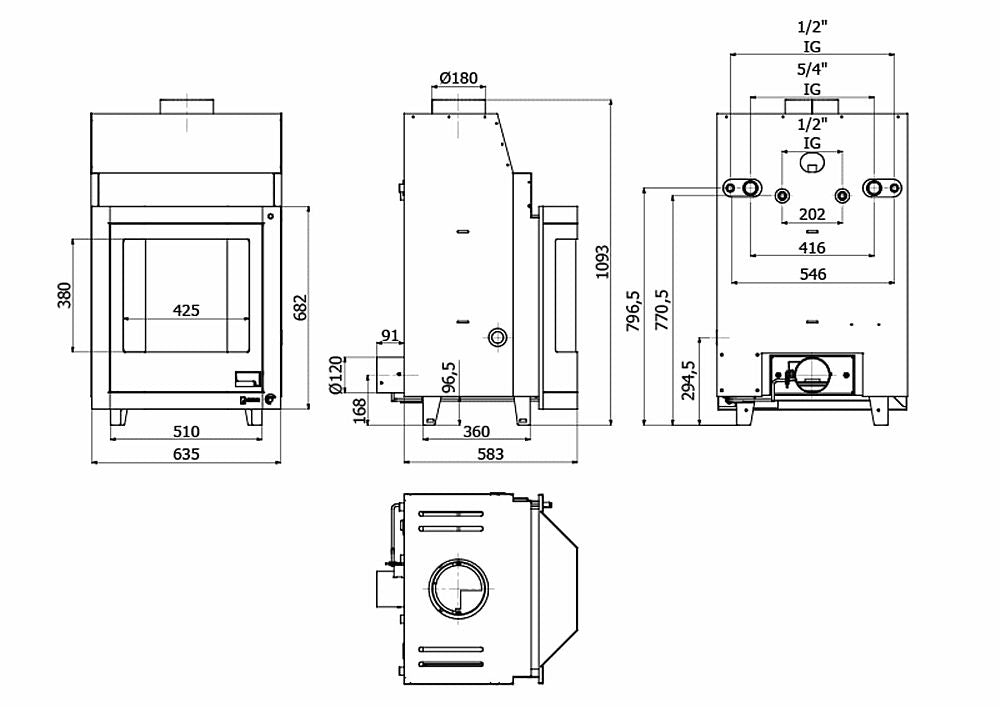 Abmaße Wasserführender Kamineinsatz 17 kw Aquaflam Flat