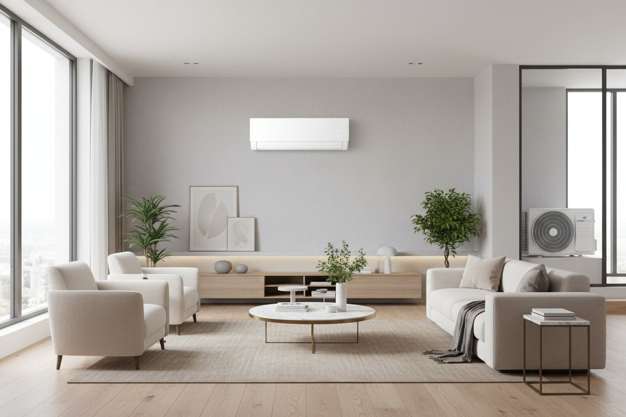 Ambientebild mit Nexa S5 E Klimaanlage in einem Wohnzimmer mit hellen Möbeln | Klimaworld.com
