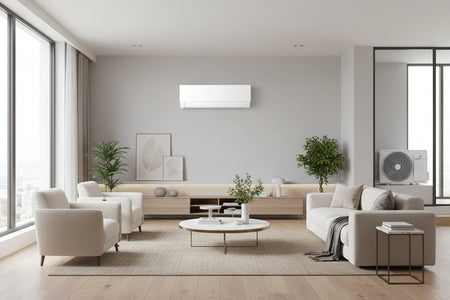 Ambientebild mit Nexa S5 E Klimaanlage in einem Wohnzimmer mit hellen Möbeln | Klimaworld.com