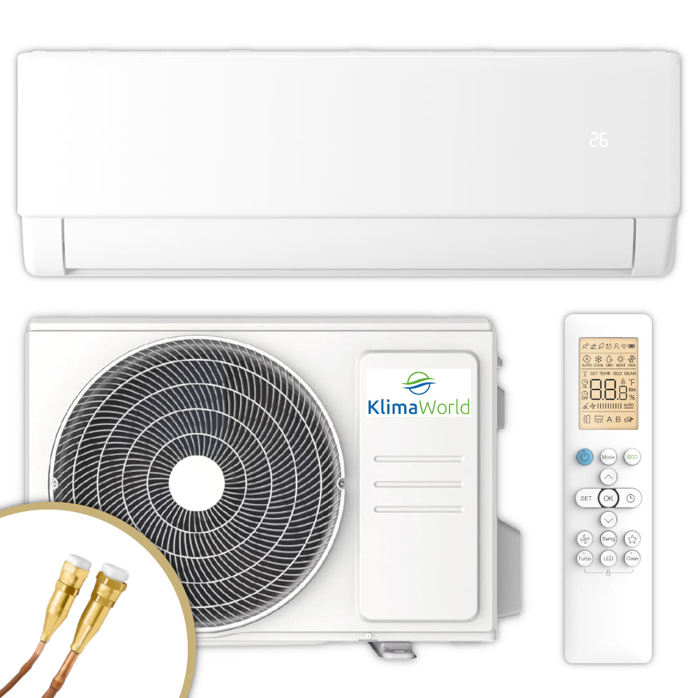 weisse KlimaWorld Klimaanlage NEXA S5 E INVERTER: Set mit Wandgeraet, Aussengeraet und Fernbedienung, Quick-Connect Leitungen | Klimaworld.com