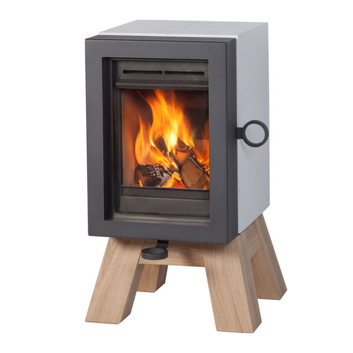Kaminofen OAK . Betonverkleidung weiß, Holzfuss