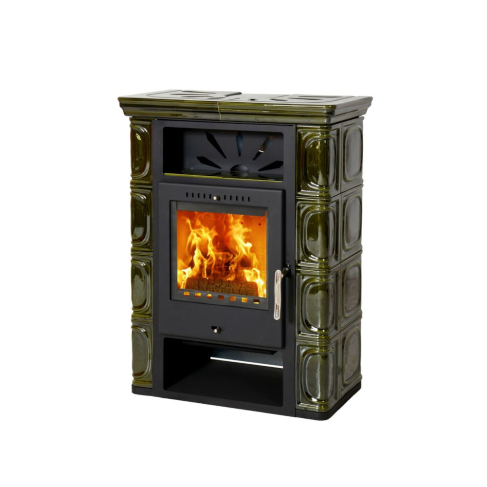 THORMA Kaminofen BORGHOLM black/TOP mit schwarzer Front, olivgrüner Keramikseiten, Glasfeuerraum | Klimaworld.com
