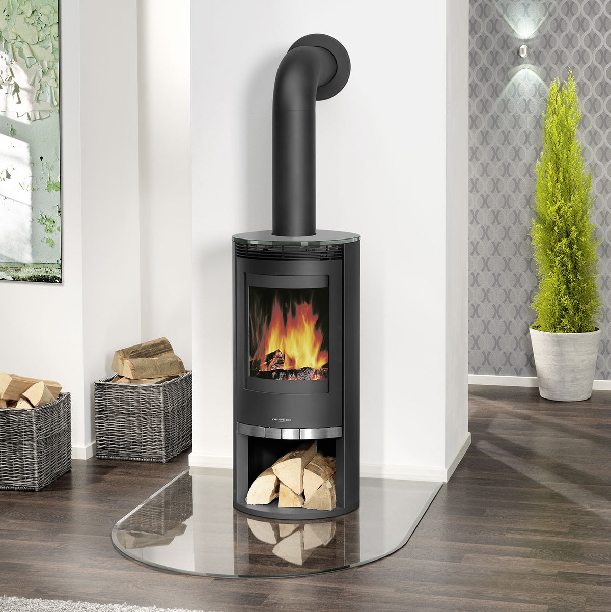 Oranier Rota Stahl Schwarz mit Abdeckplatte Glas Kaminofen 5 kW 