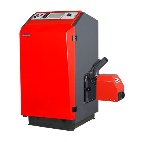 Atmos roter P25 Pelletkessel mit Brenner an der rechten Seite | klimaworld.com