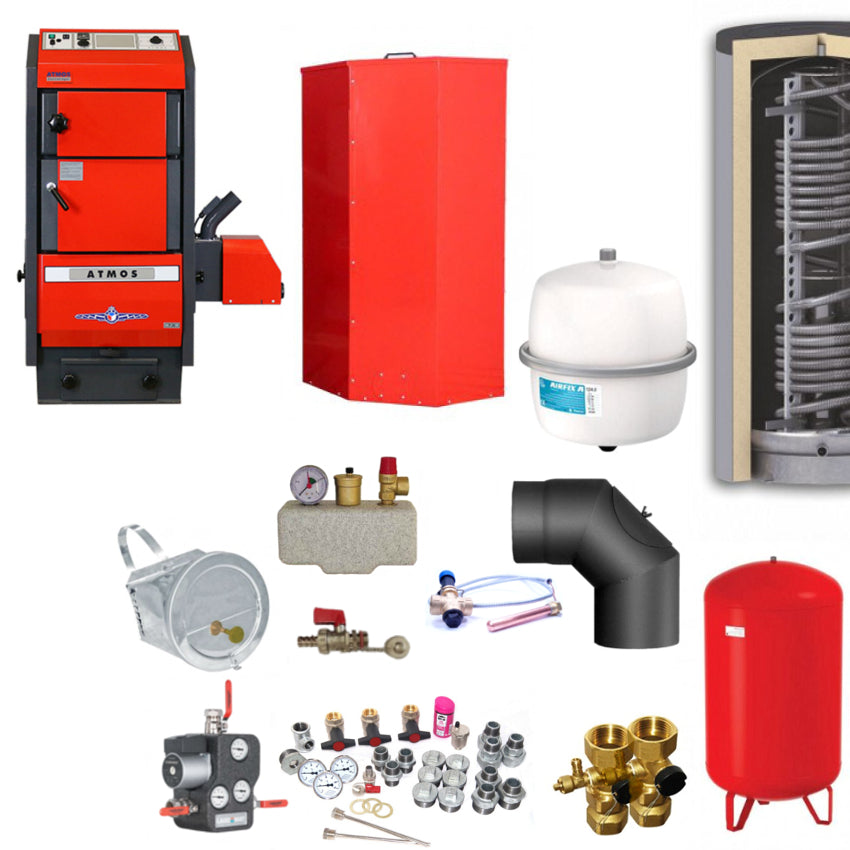 Heizungsset mit Pelletheizung, Hygienespeicher, Ausdehnungsgefaessen, Ventilen, Pumpen und Montagematerial | Klimaworld.com