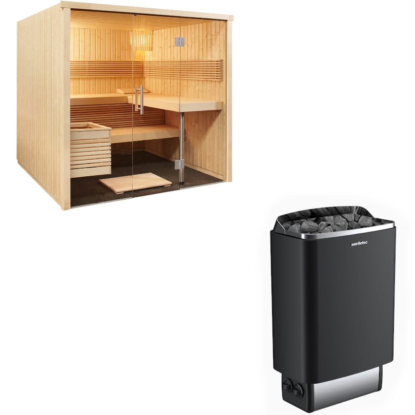Sentiotec Sauna Set Panorama Large mit Saunaofen 100 inkl. Steuerung | klimaworld.com