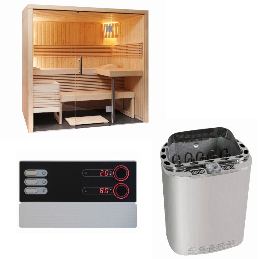 Sentiotec Sauna Set Panorama Small mit Saunaofen Scandia Next Combi und Steuerung Pro B3 | klimaworld.com