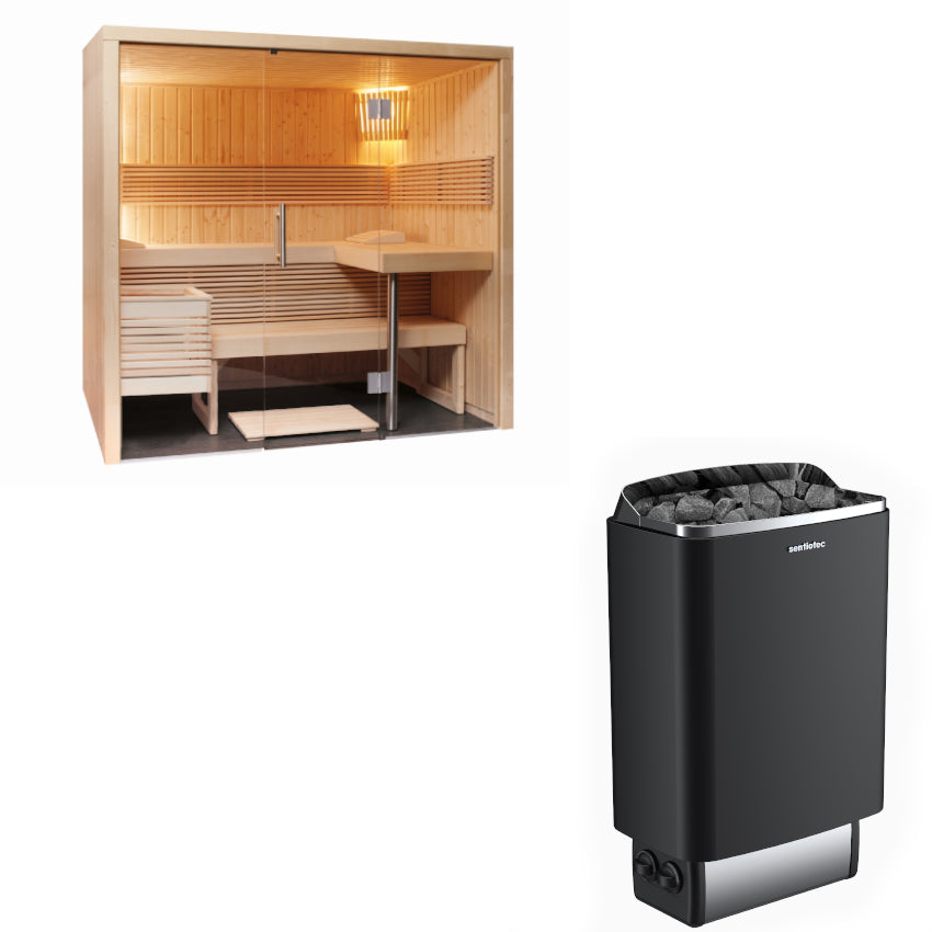 Sentiotec Sauna Set Panorama Small mit Saunaofen 100 inkl. Steuerung | klimaworld.com
