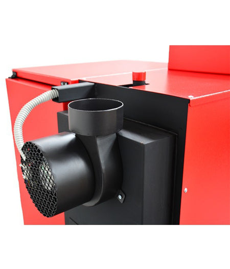 ThermoFlux Pelling 35 ECO Pelletheizung mit schwarzem seitlichem Geblaeseteil und offenem Rohraufsatz | Klimaworld.com