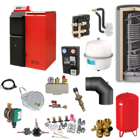 Heizsystem-Set mit Pelletkessel, Pufferspeicher, Pumpengruppe, Ventilen, Ausdehnungsgefaessen und Zubehoer | Klimaworld.com