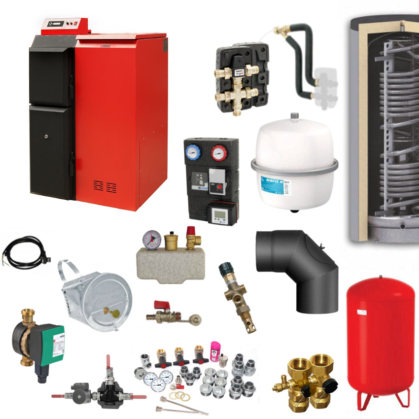 Pelling 25 ECO Heizsystem-Set mit Pelletkessel, Pufferspeicher, Pumpengruppe, Ventilen, Ausdehnungsgefaessen und Zubehoer | Klimaworld.com

