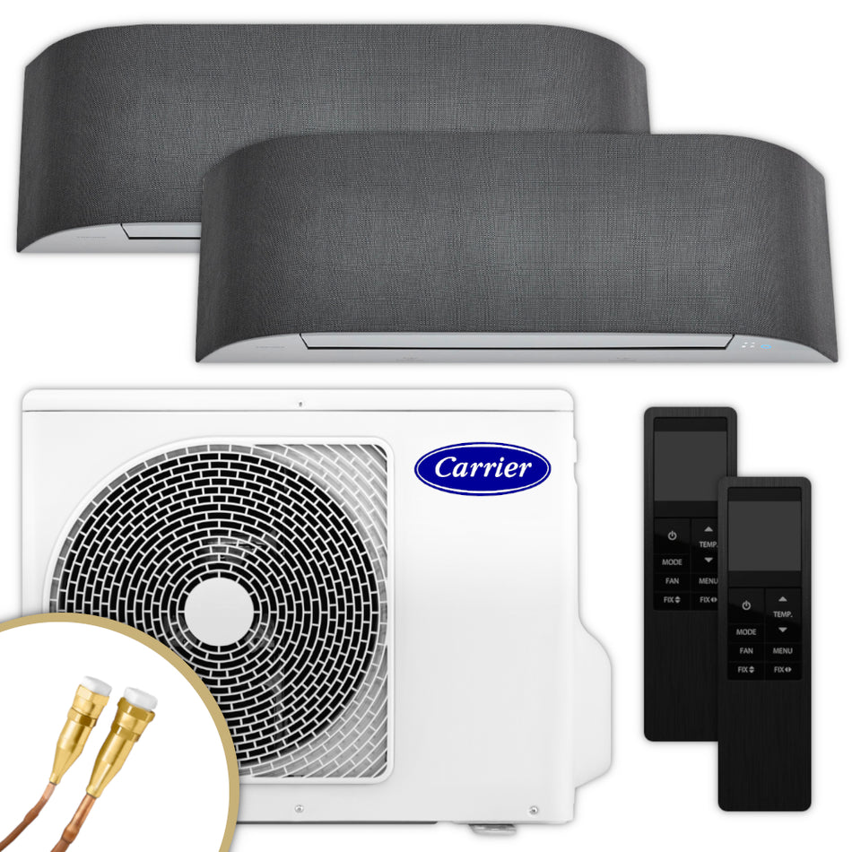 Carrier Multisplit Klimaanlage Set mit zwei Innengeraeten, weissem Aussengeraet und schwarzen Fernbedienungen | klimaworld.com