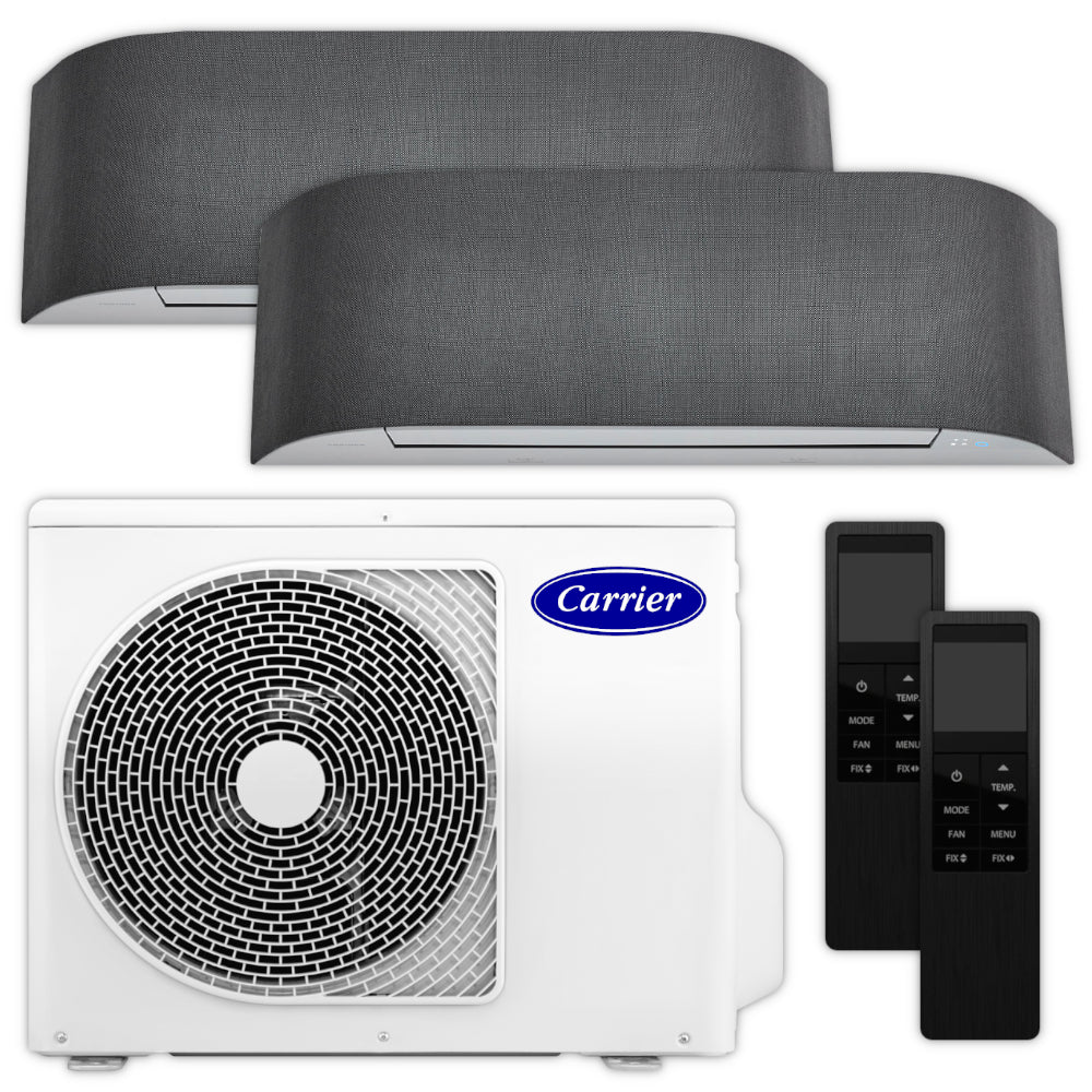 Carrier Multisplit Klimaanlage Set mit zwei Innengeraeten, weissem Aussengeraet und schwarzen Fernbedienungen | klimaworld.com