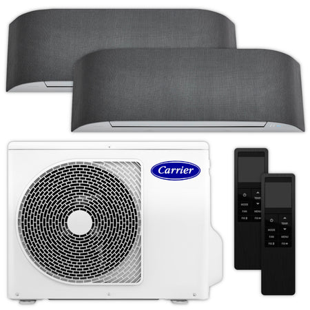 Carrier Multisplit Klimaanlage Set mit zwei Innengeraeten, weissem Aussengeraet und schwarzen Fernbedienungen | klimaworld.com