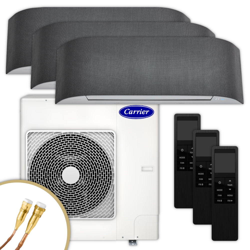 Carrier Multisplit Klimaanlage Set mit drei Innengeraeten, weissem Aussengeraet und schwarzen Fernbedienungen | klimaworld.com