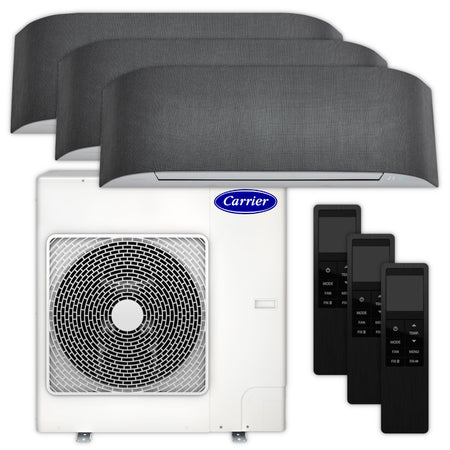 Carrier Multisplit Klimaanlage Set mit drei Innengeraeten, weissem Aussengeraet und schwarzen Fernbedienungen | klimaworld.com