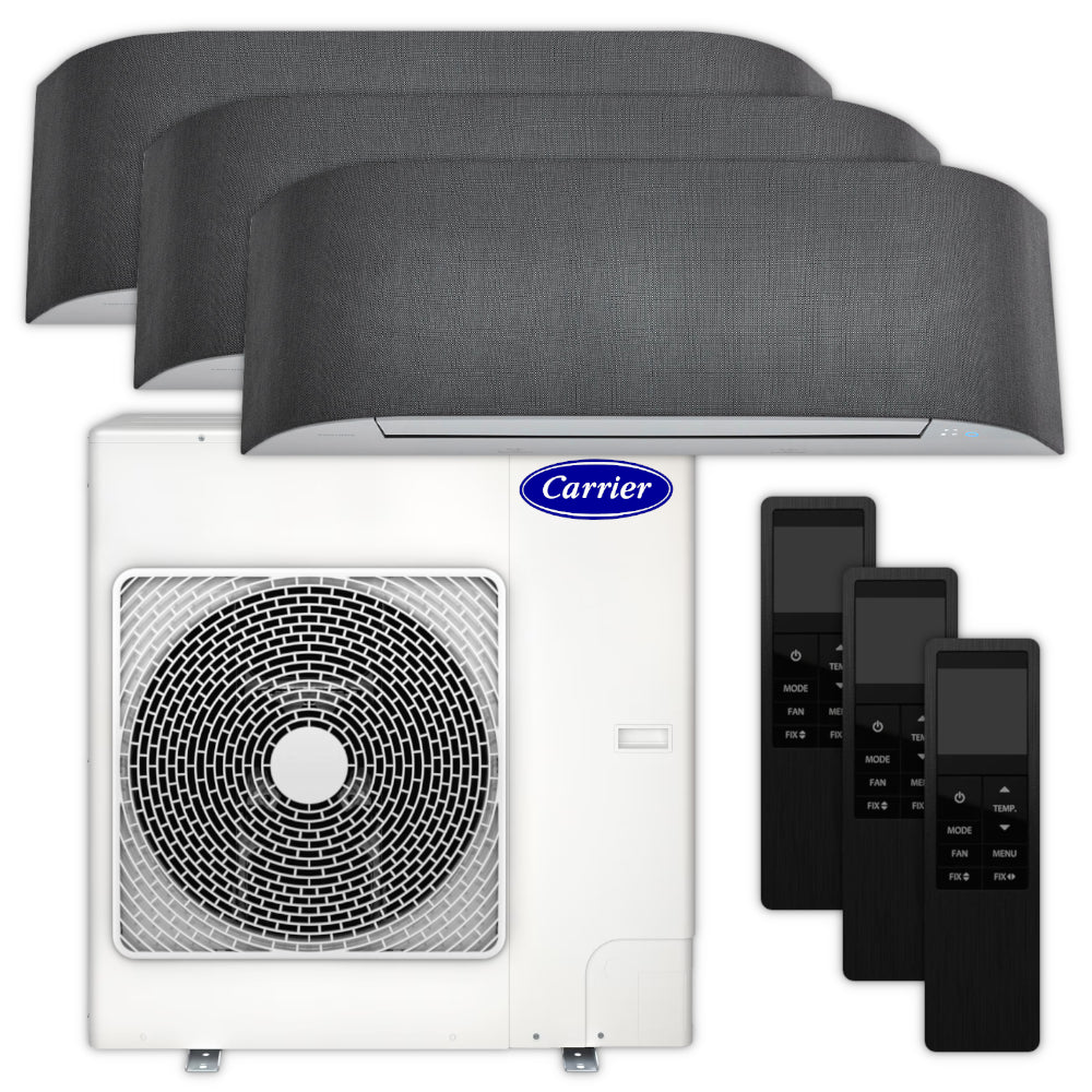 Carrier Multisplit Klimaanlage Set mit drei Innengeraeten, weissem Aussengeraet und schwarzen Fernbedienungen | klimaworld.com