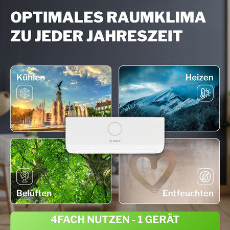 BOSCH Klimaanlage zeigt Szenen Sommer, Winter, Entfeuchten und Kuehlen | klimaworld.com