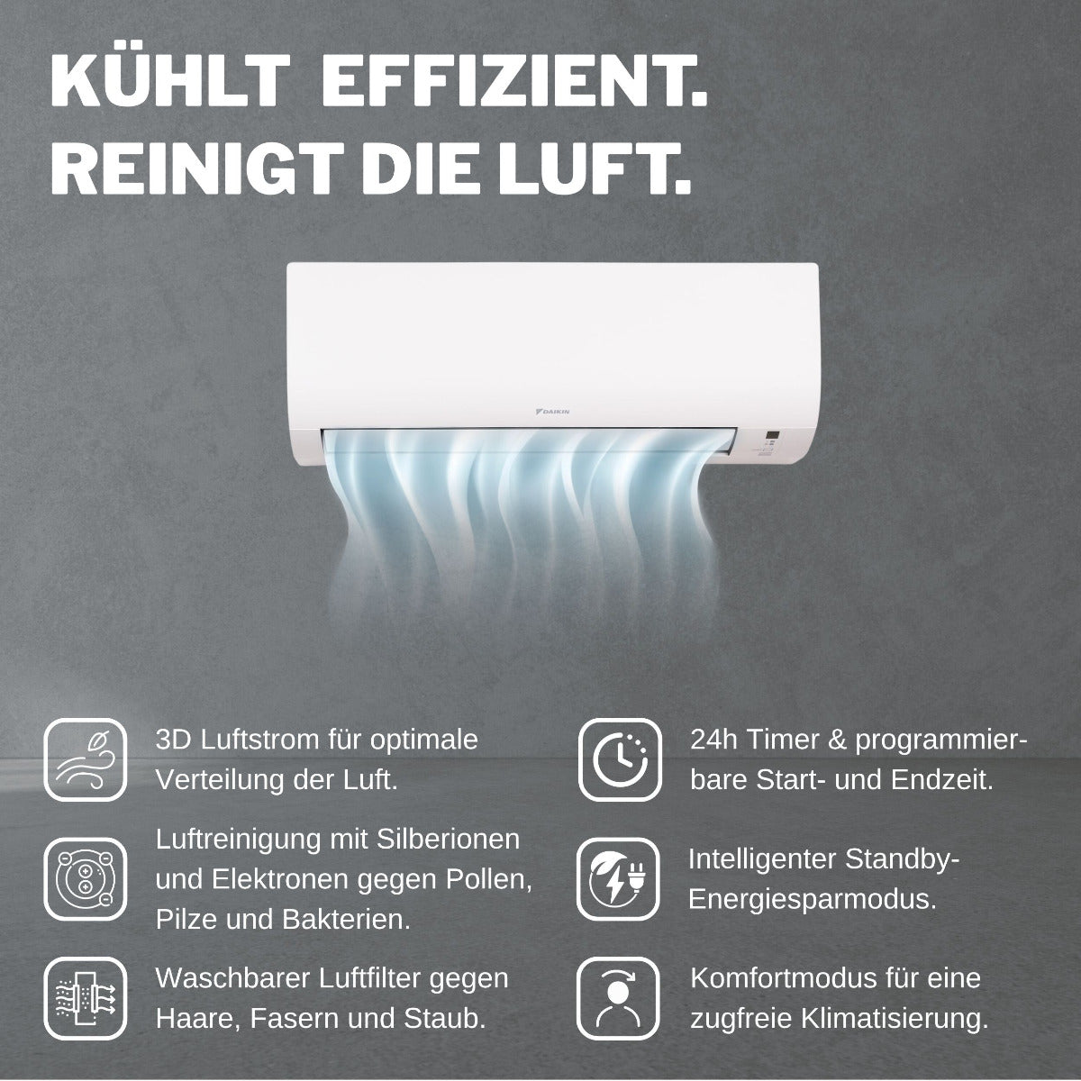Daikin Comfora Wandgeraet mit grafisch dargestelltem Luftstrom, Werbetext und Funktionssymbolen auf grauem Hintergrund | Klimaworld.com
