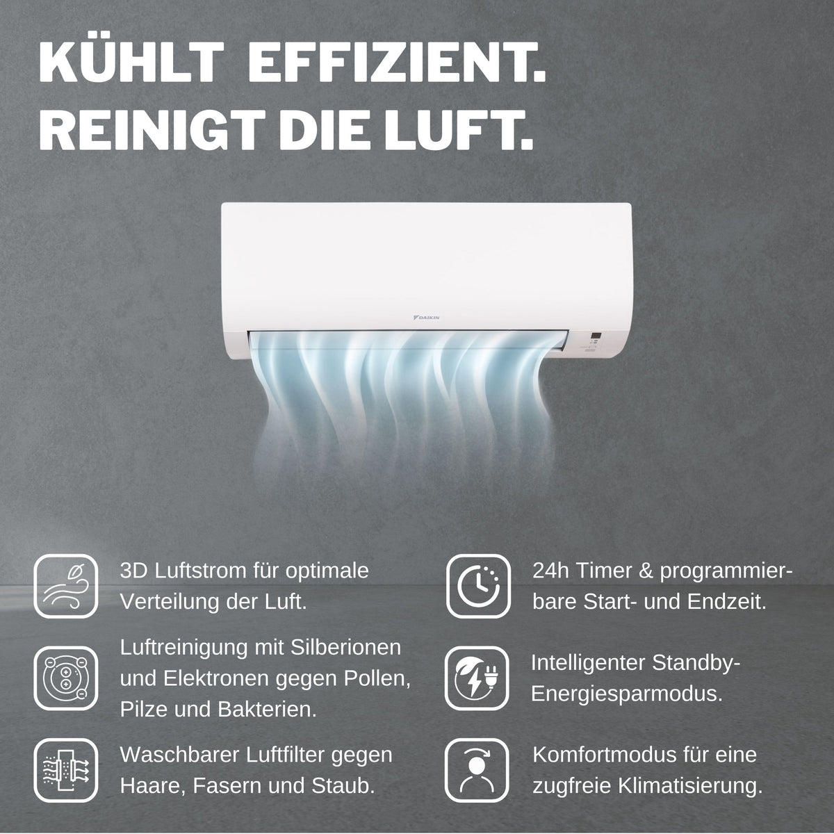 Daikin Comfora Wandgeraet mit grafisch dargestelltem Luftstrom, Werbetext und Funktionssymbolen auf grauem Hintergrund | Klimaworld.com