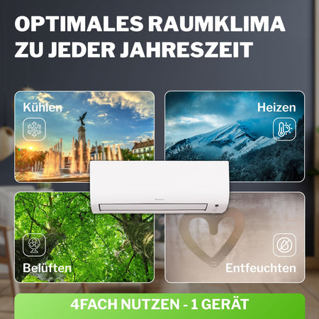 Daikin Comfora Wandgeraet mittig, Infografik mit Kuehlen, Heizen, Belueften, Entfeuchten und Text 4fach Nutzen | Klimaworld.com