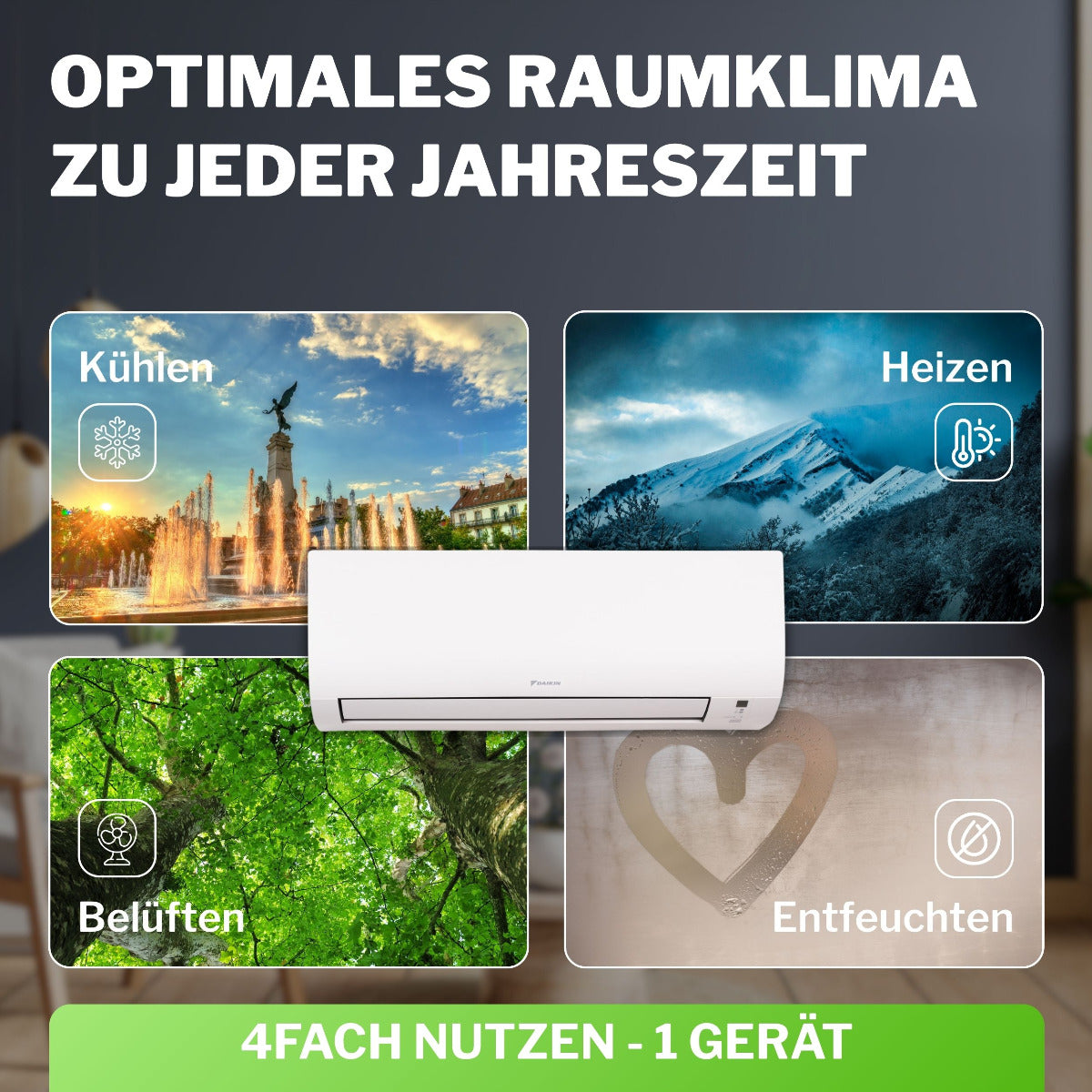 Daikin Comfora Wandgeraet mittig, Infografik mit Kuehlen, Heizen, Belueften, Entfeuchten und Text 4fach Nutzen | Klimaworld.com